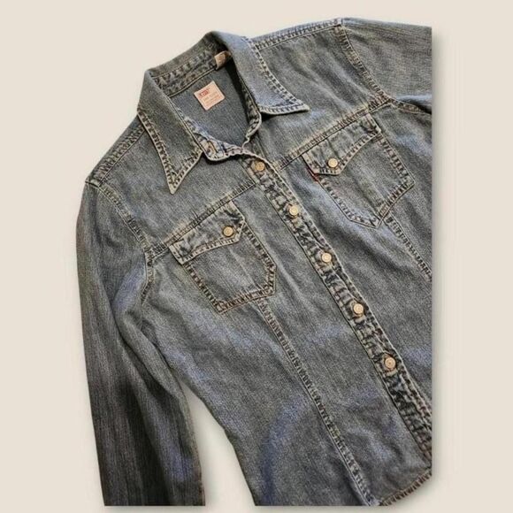 Vintage 90s Levi's blue denim collared long sleeve basic button down shirt - Picture 3 of 4